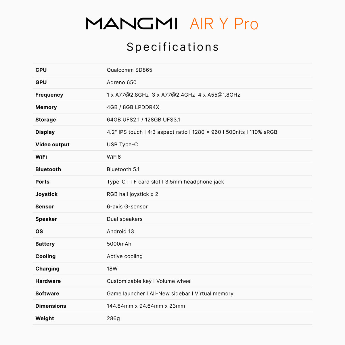 A specifications table for the MANGMI AIR Y Pro, listing technical details such as CPU, GPU, frequency, memory, display, video output, Bluetooth, ports, joystick, sensor, speaker, OS, battery, cooling, charging, hardware, software, dimensions, and weight on a white background.