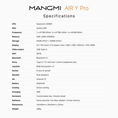 A specifications table for the MANGMI AIR Y Pro, listing technical details such as CPU, GPU, frequency, memory, display, video output, Bluetooth, ports, joystick, sensor, speaker, OS, battery, cooling, charging, hardware, software, dimensions, and weight on a white background.