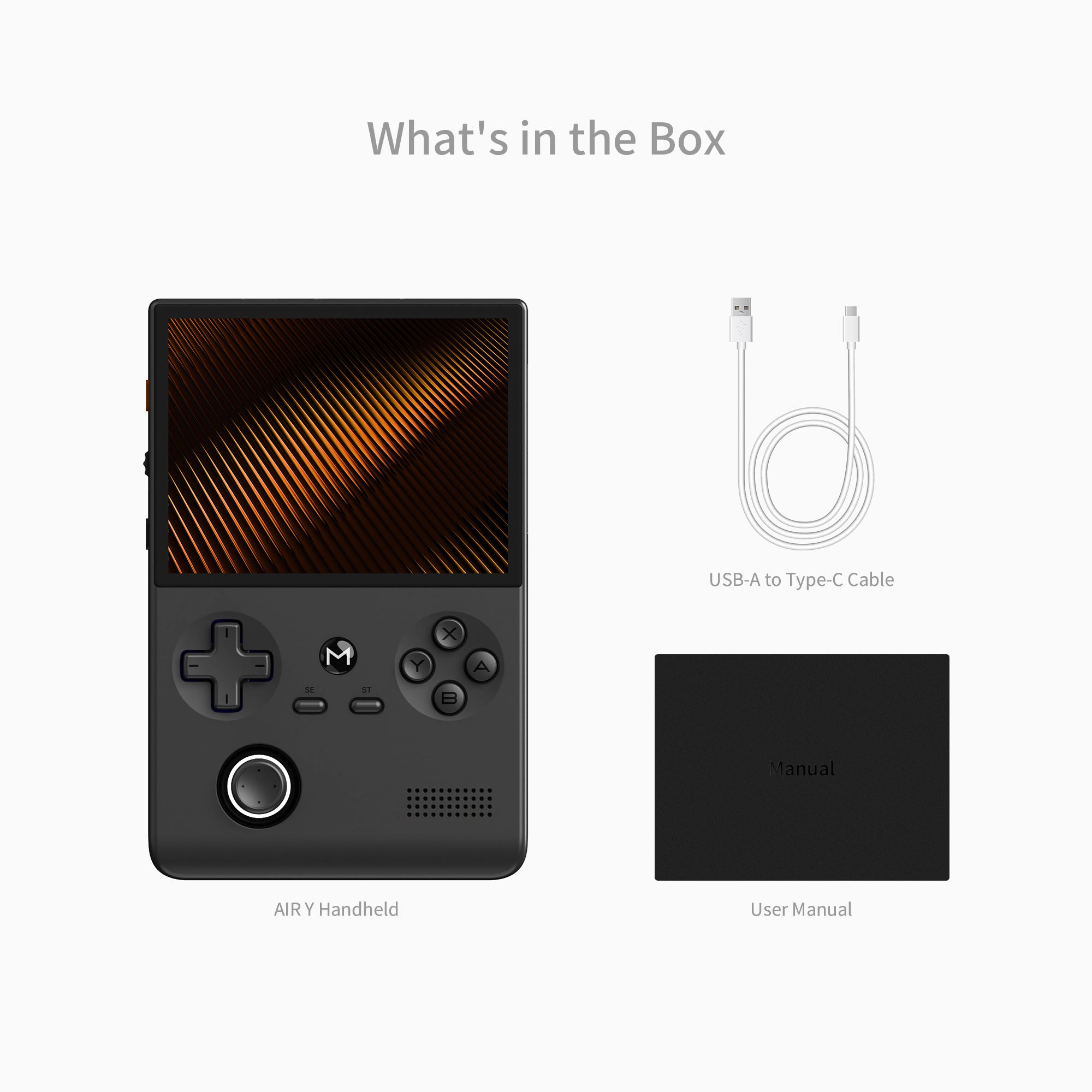 Product packaging and included accessories on a light gray background. The main item is a black handheld gaming console labeled AIRY Handheld, shown alongside a USB-A to Type-C cable and a user manual under the heading 'What's in the Box'.